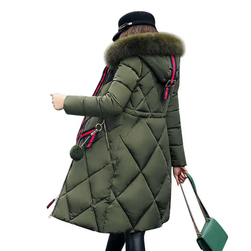 Большое меховое зимнее пальто, утолщенная парка, женское простроченное тонкое длинное зимнее пальто, пуховое хлопковое женское пуховое пальто, пуховик для женщин - Цвет: Green