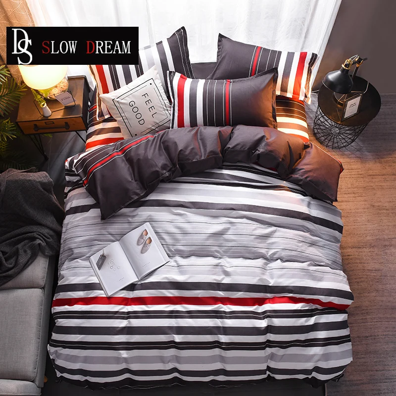 

SLOWDREAM Striped Bedding Set Bed Flat Sheet Pillowcase Bed Linens Bedspread Double Queen King Decor Home Bedding Duvet Cover