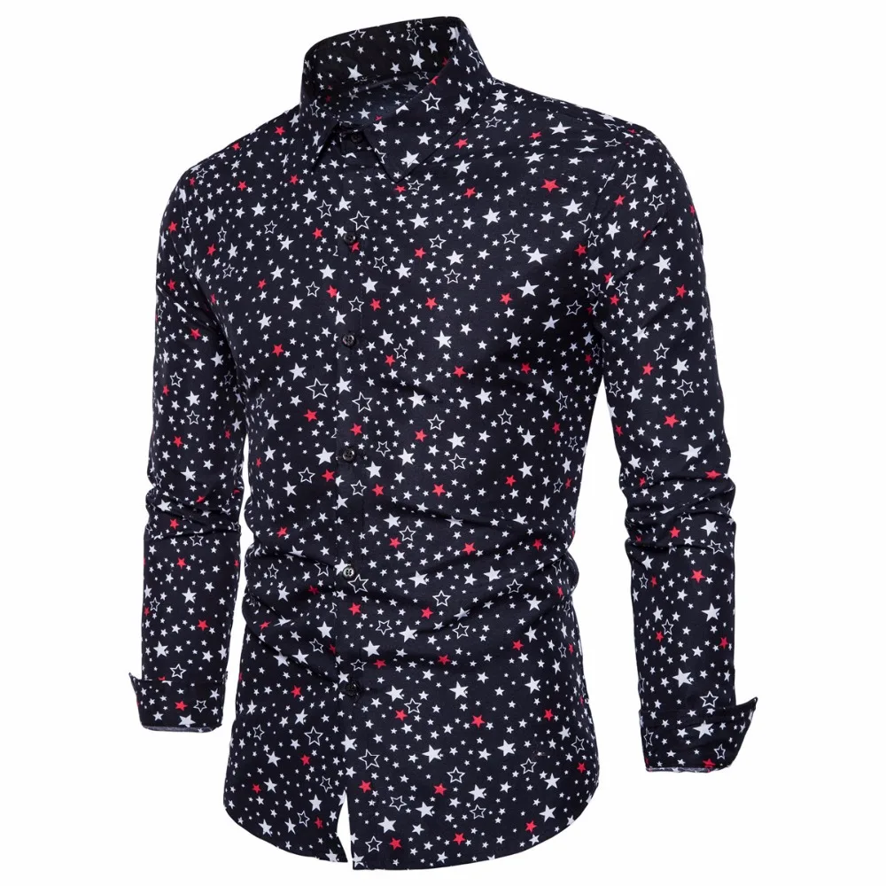 

Brand New European Business Mens Long Sleeved Shirts Fashion Digital Five-star Printing Shirts Male M-2XL Nice