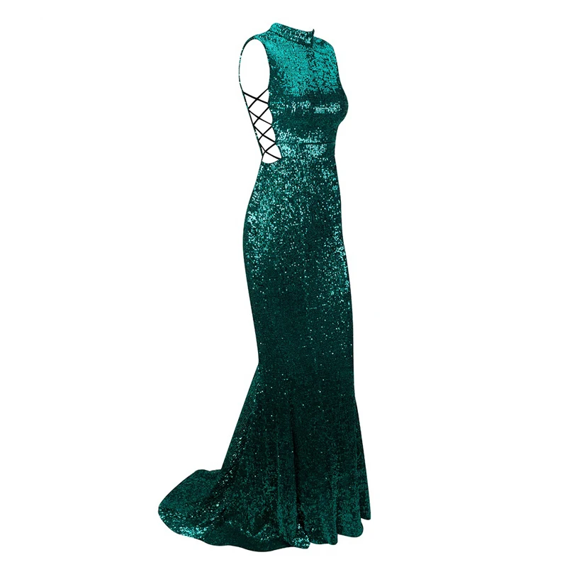 

2018 New Fashion Hot Selling Elegant Wedding Formal Party Green Sequin Long Dress With Lace Up Design Outfit Celebrity Wholesale