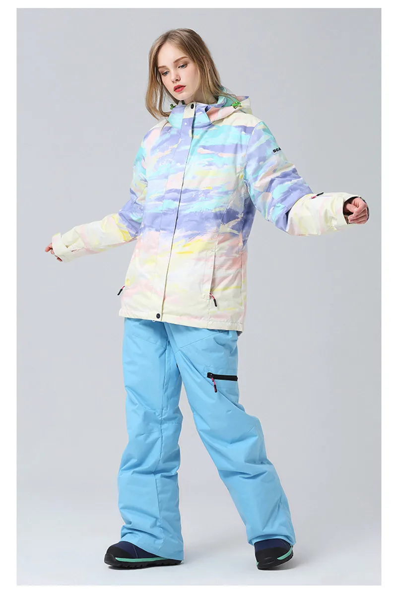 Женский водонепроницаемый цветной лыжный костюм для сноуборда, зимний теплый костюм для походов, кемпинга, катания на лыжах