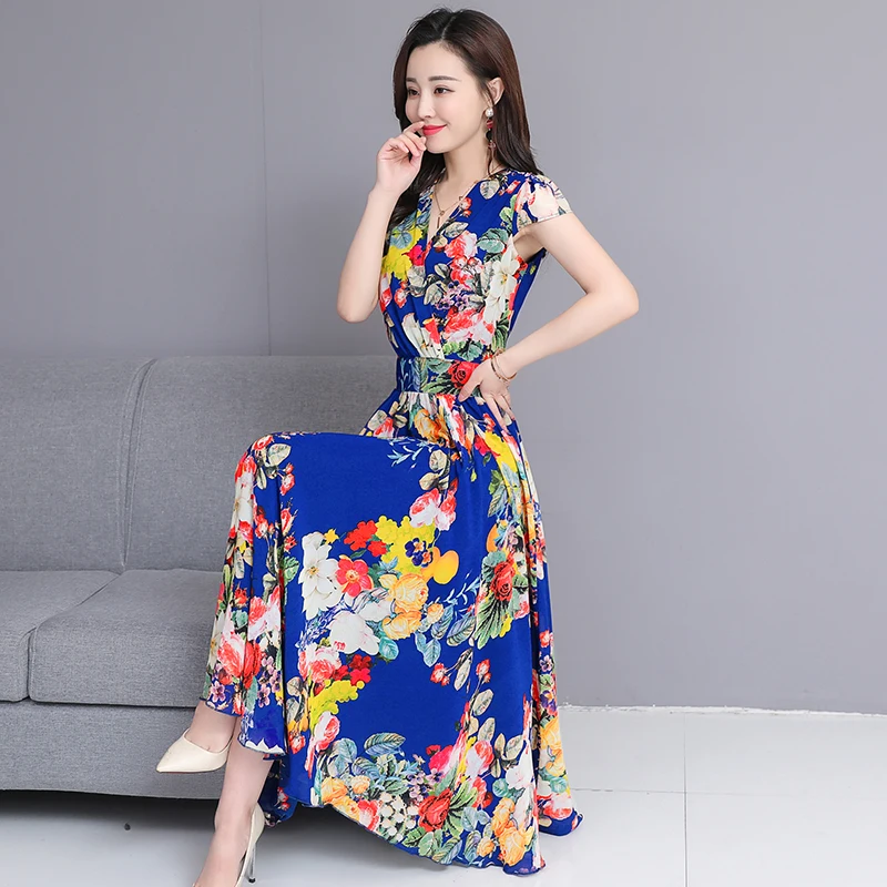 

Spring Summer New Boho 4XL Large Size Dress 2019 Long Flower V-neck Short-sleeved Seaside Holiday Beach Dress Silk Dress Vestido