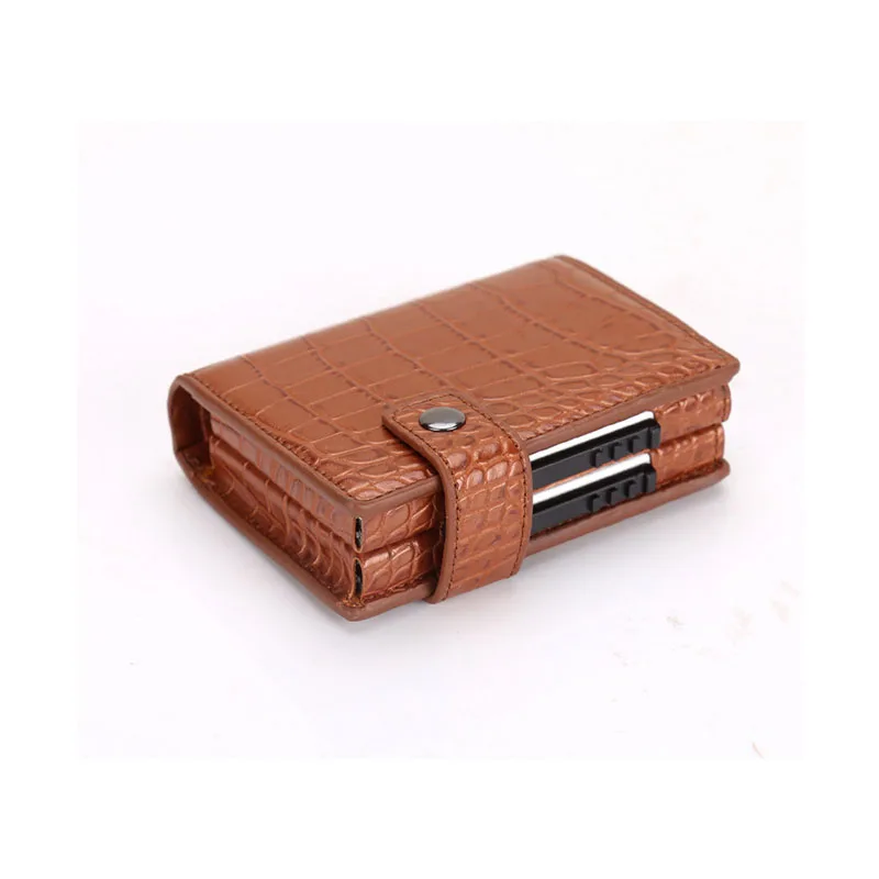coffee crocodile Крокодиловый RFID PU кожаный всплывающий автоматический двойной защитный ящик алюминиевый бизнес держатель кредитной карты металлический футляр для путешествий - Цвет: coffee crocodile