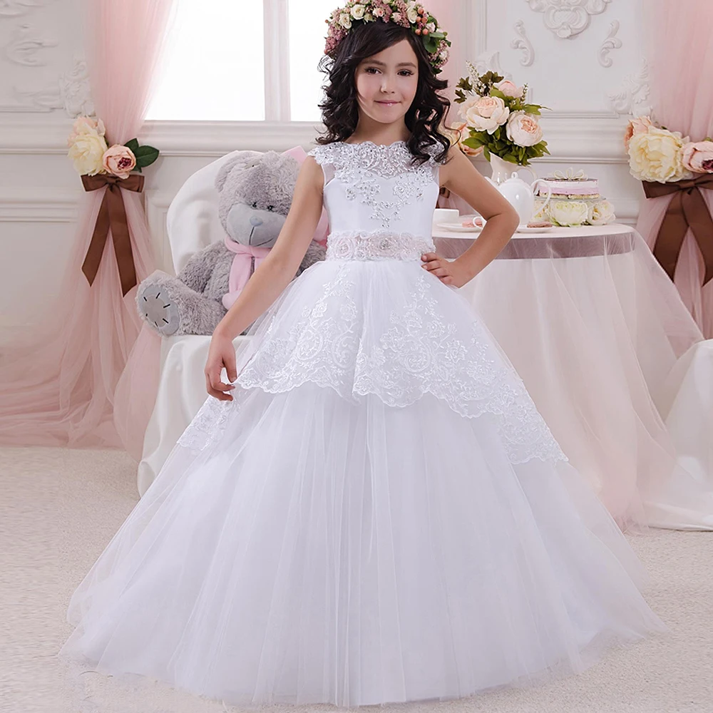 First Communion Dresses for Girls Lace Up Bow Appliques Beading Ball Gown Sleeveless New O-Neck Flower Girl Dresses for Weddings