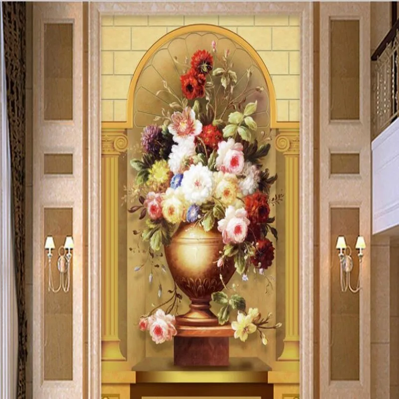 

beibehang Custom large - scale murals European 3d flower vase Roman column soft package entrance wall wallpaper papel de parede