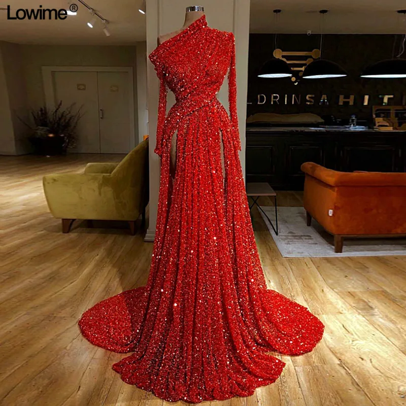 Red Sequined One-Shoulder Kaftan Evening Reflective Dresses Long Sleeves Dubai Pleat Formal Prom Party Dresses Long Red Sequined One-Shoulder Kaftan Evening Reflective Dresses Long Sleeves Dubai Pleat Formal Prom Party Dresses Long