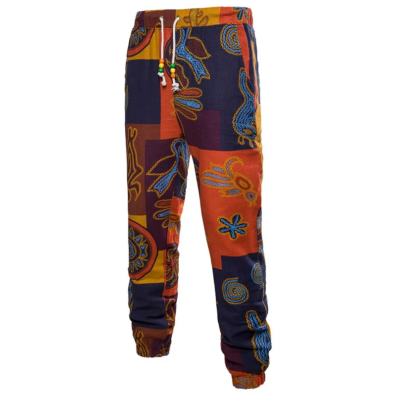 

New Bohemia Floral Print Pants Men Luxury Brand Drawstring Long Joggers Colorful Casual Sweatpants Male Loose Plaid Linen Pants