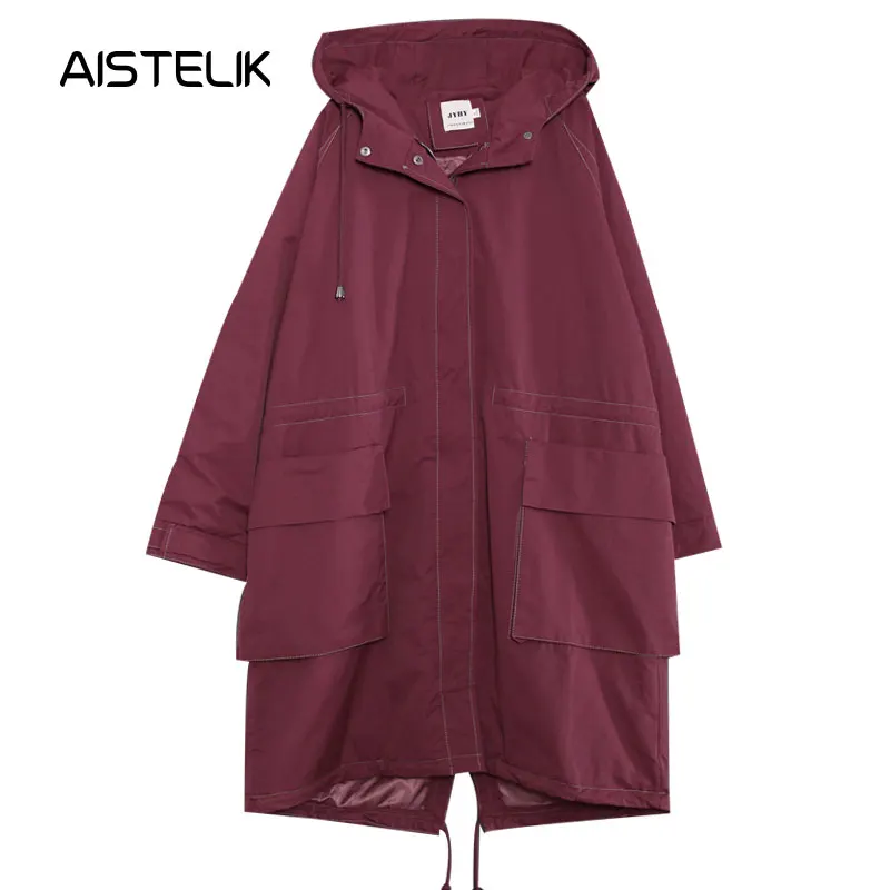 Autumn clothing female 2018 new Korean version of the loose large size cloth literary double pocket hooded windbreaker jacket. Coats