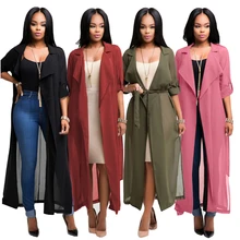 Женская однотонная шифоновая длинная верхняя одежда, куртка, Пляжное пальто, женская летняя куртка с длинными рукавами, платье-плащ, свободное платье