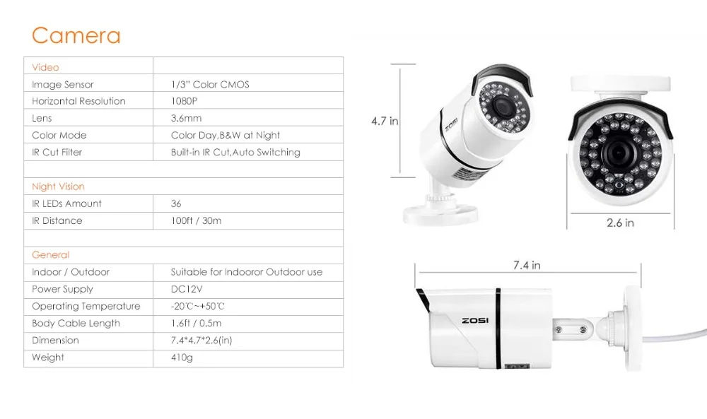 ZOSI 2,0 MP 1080P 4 в 1 TVI/CVI/AHD/CVBS Камера Безопасности s День Ночь Surveillanca камера 100 футов ИК расстояние, Алюминиевый металлический корпус