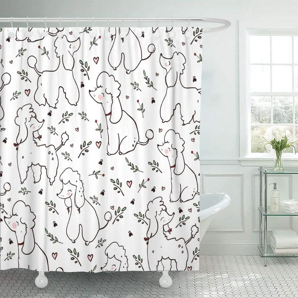 

Fabric Shower Curtain with Hooks Animal Poodle Pattern Beautiful Beauty Breed Cartoon Cute Dog Drawing Decorative Bathroom