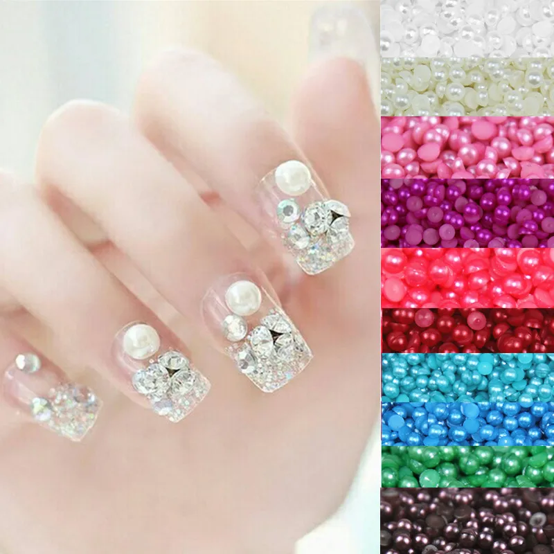 PZ18 Shiny White / Beige Half Circle Pearl Beads 4mm 500 Pieces / Pack Flat Back Gem Beads Resin