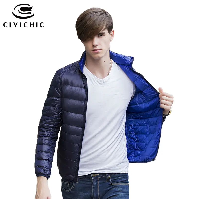

CIVICHIC New Winter Plus Size Ultra Light Down Jacket Men Soft Eiderdown Outerwear Stand Collar Double Sided Short Coat DC506