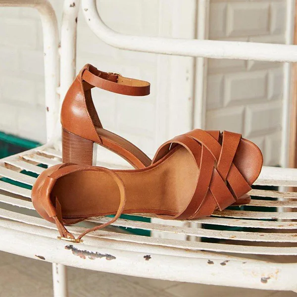 NAN JIU MOUNTAIN/летние босоножки на высоком каблуке Для женщин сандалии в стиле ретро; толстый каблук удобная обувь с открытым носком; 3 цвета Для женщин ботинки размера плюс - Цвет: brown