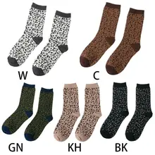 Для женщин и девочек Harajuku зимние сапоги до середины икры, длинные носки без пятки с контрастной Цвет Леопардовый жаккард и отделкой в рубчик хлопковые чулки хип-хоп Уличная одежда