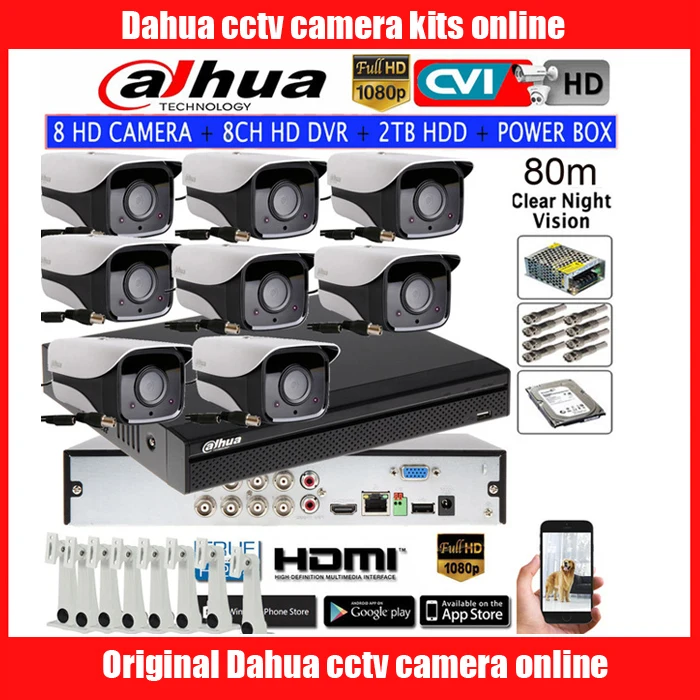  DAHUA 1080P IR80M CVI cámara de seguridad CCTV HAC-HFW2208M-I2 bullet HDCVI Cámara 8CH HCVR5108HS-S