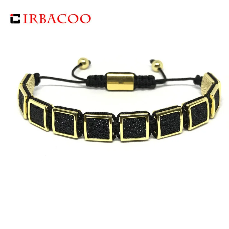 

IRBACOO 2018 Luxury Men Bracelet Gold Flat Beads Charm With Stingray Leather Bracelet For Male Pulsera masculina