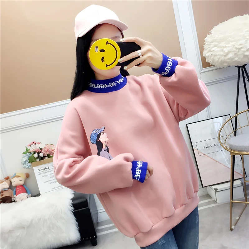 

OllyMurs Autumn Winter Women Warm Sweatshirts Cartoon Printed Pink Hoodies Turtleneck Female Pullover Tops Long Sleeve Plus Size