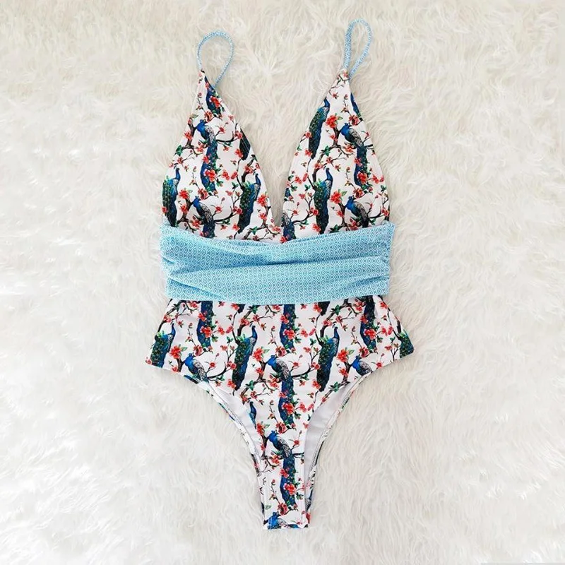 

CATTLEYA bikini sexy deep v one piece swimsuits Stripe swim wear push up 7H