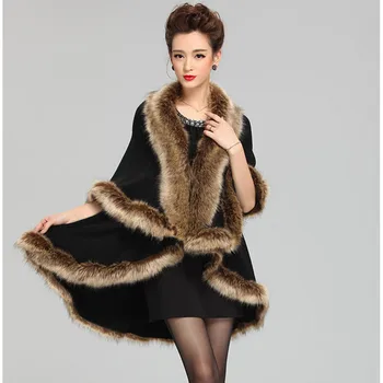 

2016 Autumn Winter Women's Long Cardigans Fake Raccoon Fur Collar Cashmere Sweaters Shawl Knitted Cardigan Poncho Cape Q6-80F