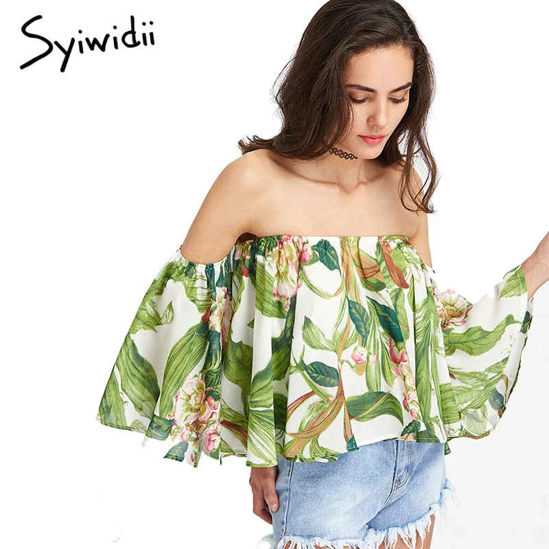 Блузка женская тропическая растительная печать Boho с открытыми плечами Топ яркое