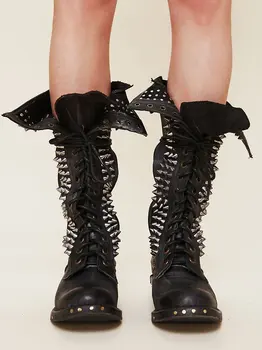 

Super Lace Up Genuine Leather Overknee Black Thigh High Boots Studded Botas Mujer Cowboy Boots Shoes Woman Stockings