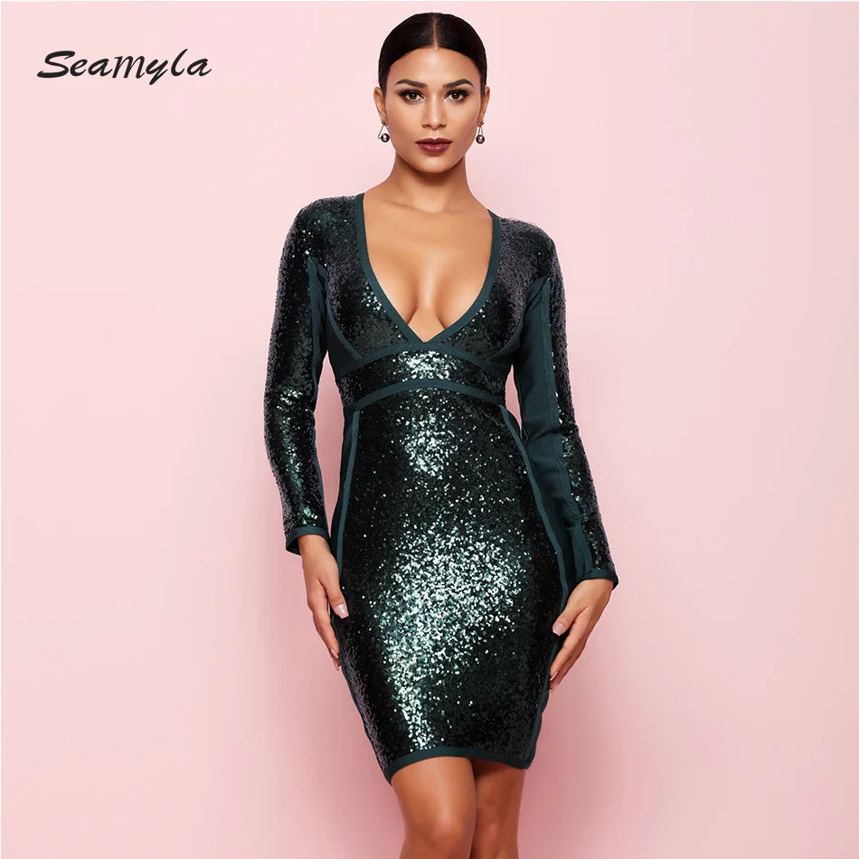 

Seamyla High Quality Celebrity Party Dress Long Sleeve Bodycon Bandage Dresses Spring Sequins Dress Sexy V Neck Vestidos 2019