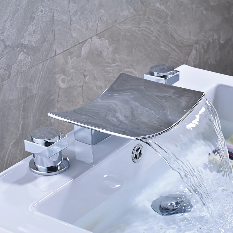 

Bright Chrome Bathroom Sink Waterfall Basin Faucets Hot and Cold Water Taps with Triple Holes Two Handles