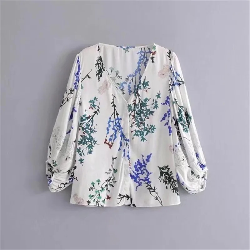 2018 spring and summer new thin flower printed lantern sleeves V neck ...