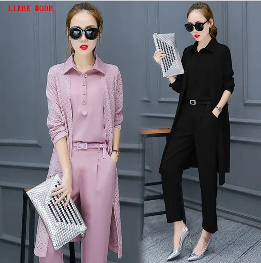 3 Peças Mulheres Set Roupas Outwear + Top curto + Calça Rosa Preto Primavera Verão Senhora Do Escritório Ternos
