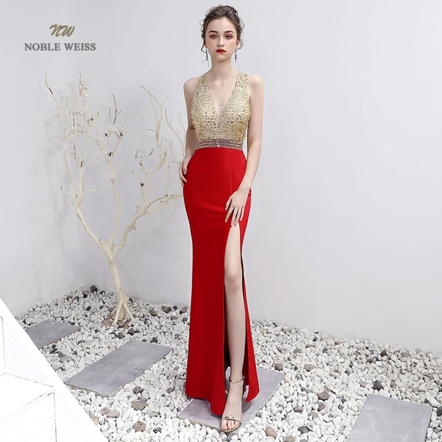 Long Prom Dresses V-Neck Beading Floor-Length Trumpet / Mermaid Sexy Prom Dress