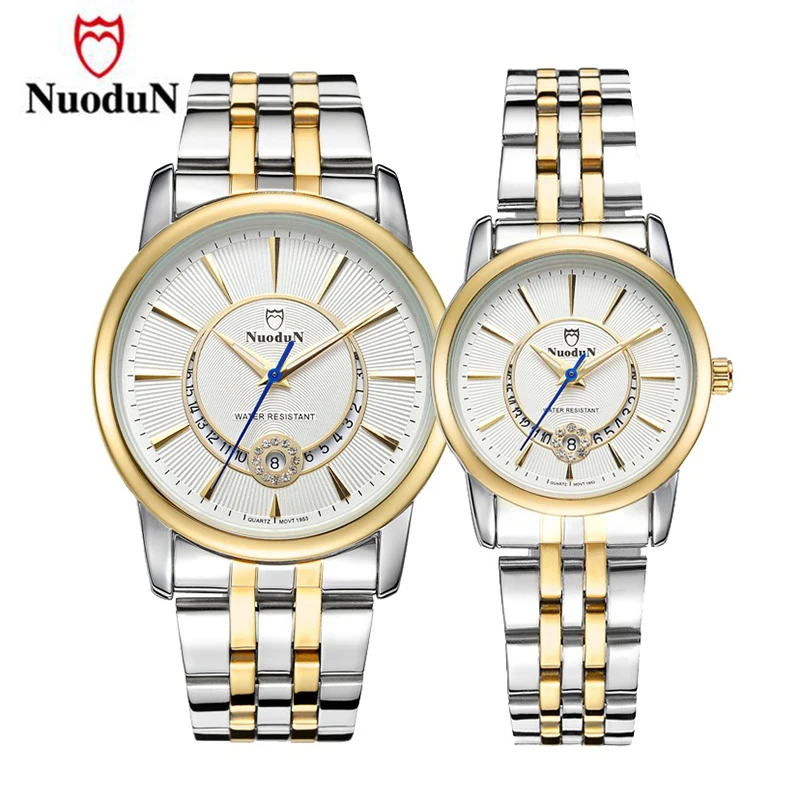 NuoduN Casual Stainless Steel Couple Watch Women Men Lovers Wristwatch Gold Luxury Clock Brand Watches Relojes