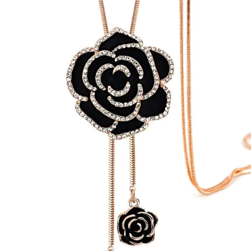 Новинка 2021 модная женская цепочка на свитер с черной розой от Swarovski 2 цвета осенне