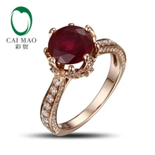 Romantic 14K Rose Gold Blood Red Round Ruby Natural Diamond Engagement Ring Fine Jewelry