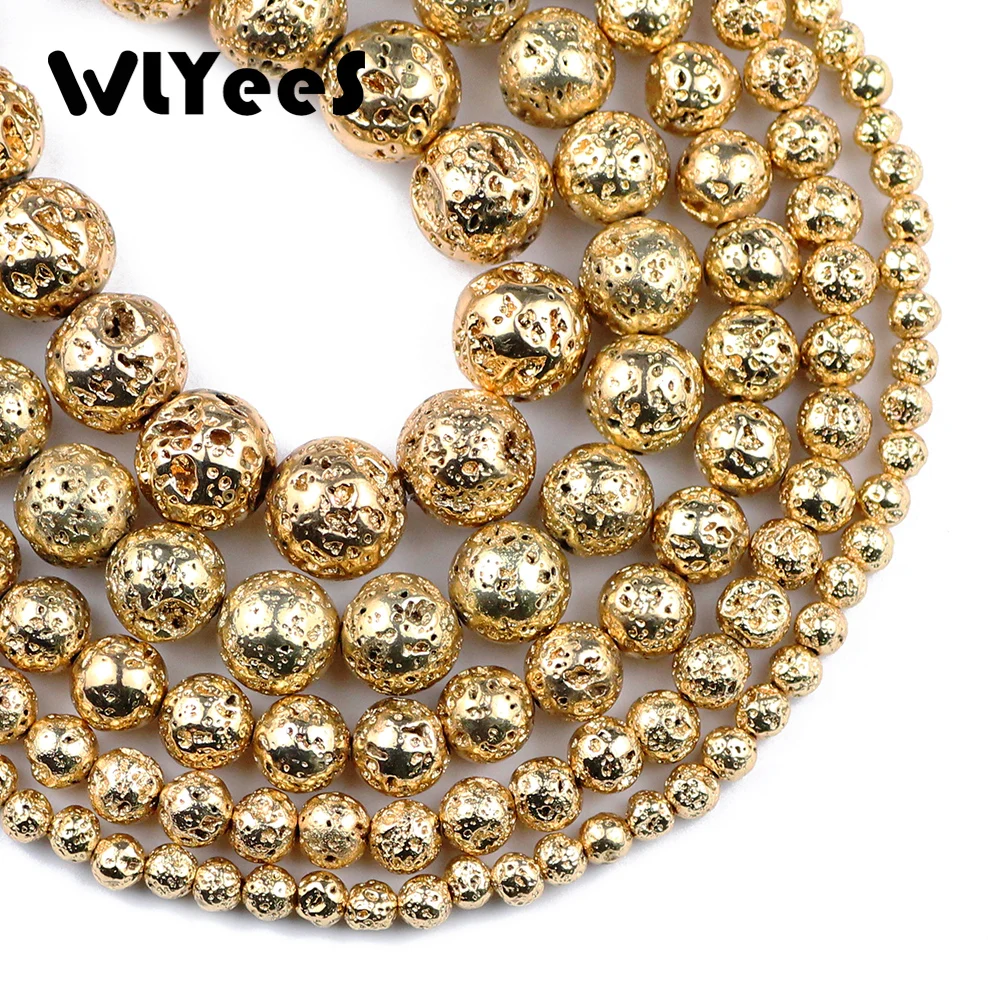 Natural Stone Beads 14 Gold Color Lava Stone 4 6 8 10 12mm Round Ball For Jewelry Accessories Making Bracelet