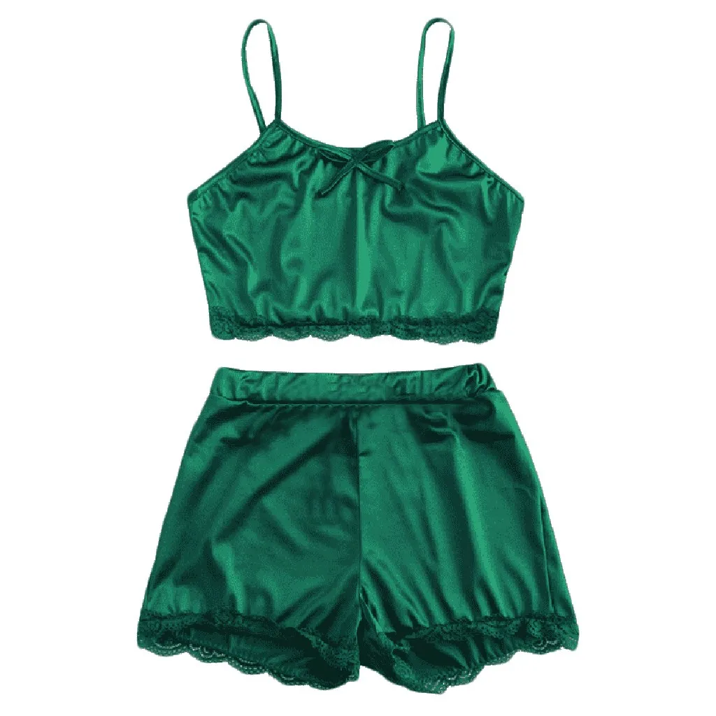 

KLV #Z5 NEW HOT FASHION 2019 Free Ship Women Sleepwear Sleeveless Bow Lingerie Nightwear Lace Trim Satin Top Pajama Set