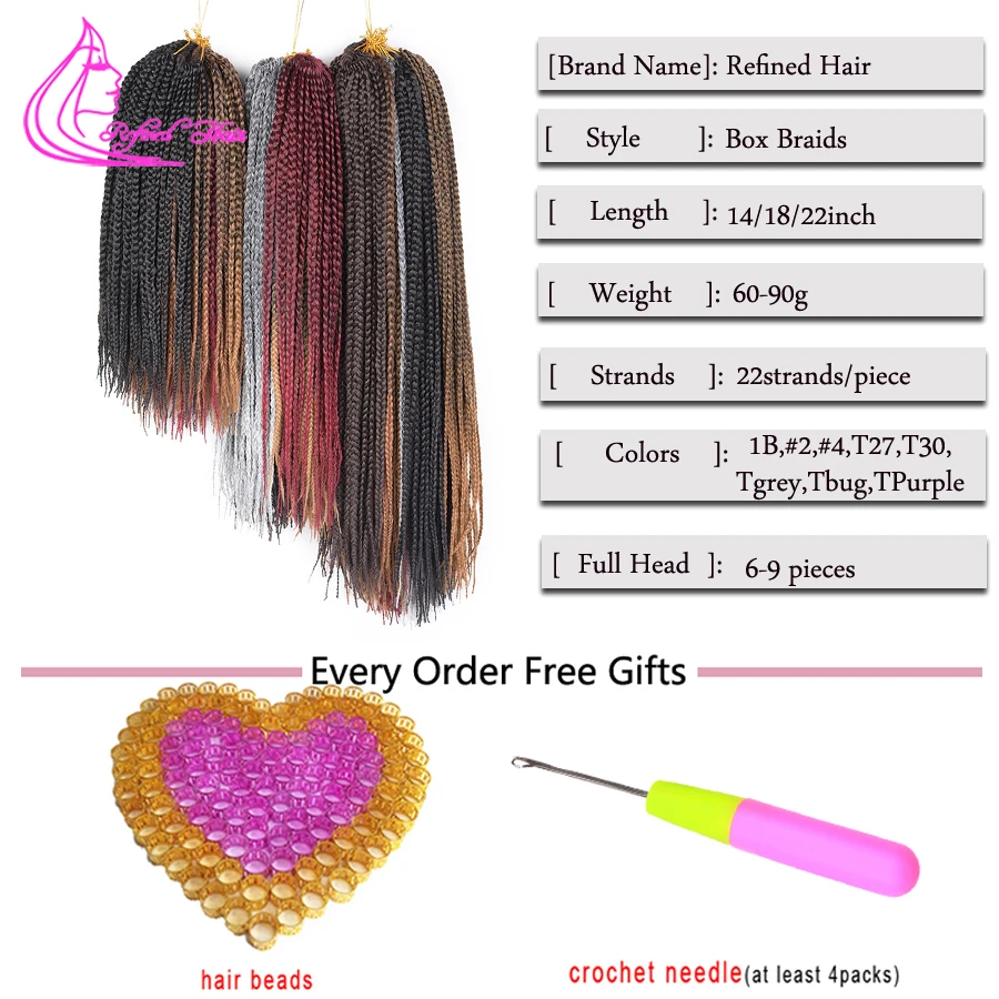 Box Braids Crochet Hair Handmade Crochet Braids 14 18 24Inches Long Synthetic Braiding Hair Extensions Ombre Black Brown Gray