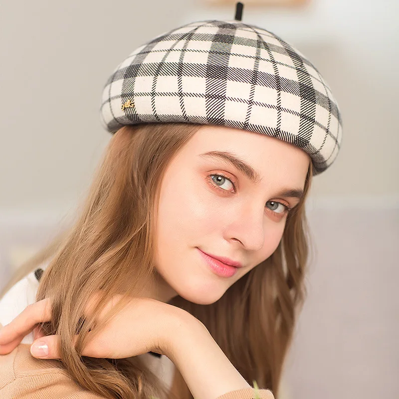 Buy Lady Beret Hats Female Fashion Plaid Stewardess