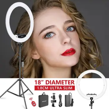 

Neewer Ring Light Kit [Upgraded Version-1.8cm Ultra Slim]-18 inches,3200-5600K,Dimmable LED Ring Light+Light Stand+Phone Clip