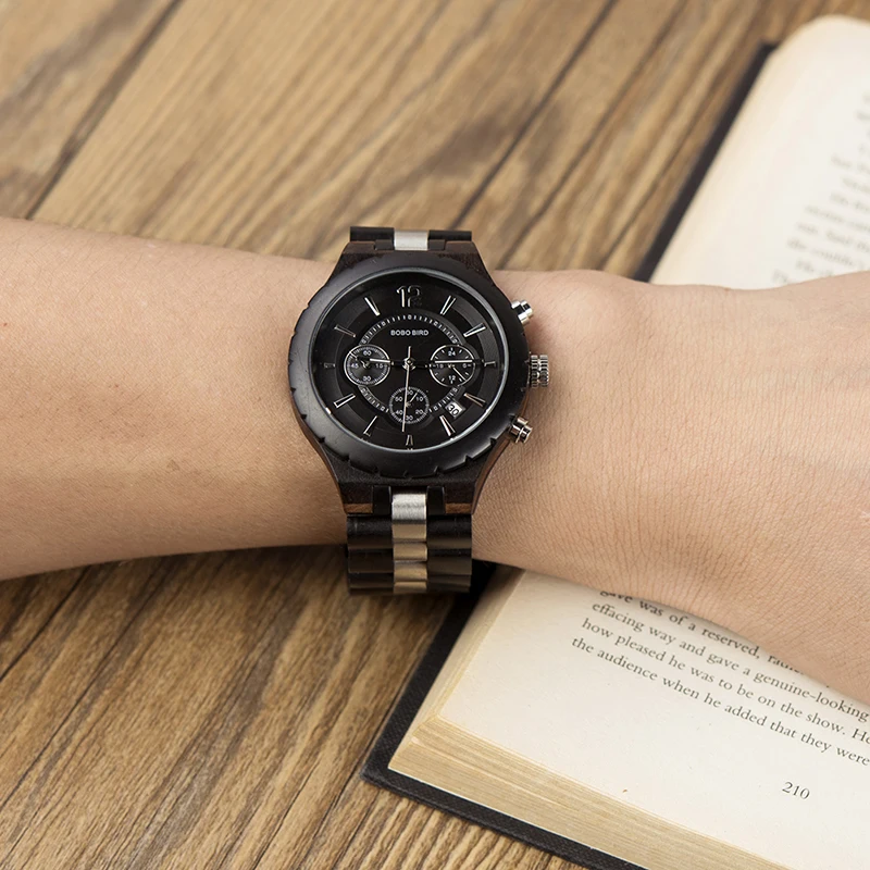 BOBO BIRD Wood Watch Men Business Watches Stop Watch Chronograph With Wood Stainless Steel Strap relogio masculino V-R22