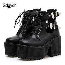 Gdgydh/женские ботильоны на квадратном каблуке; обувь на платформе в стиле панк; модная обувь черного цвета с пряжкой на резиновой подошве с квадратным носком и ремешком на щиколотке