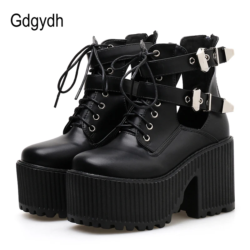 Najtaniej Gdgydh blokowe obcasy botki damskie platformowe buty Punk buty modna klamra gumowa podeszwa kwadratowy nosek kostki pasek czarne buty