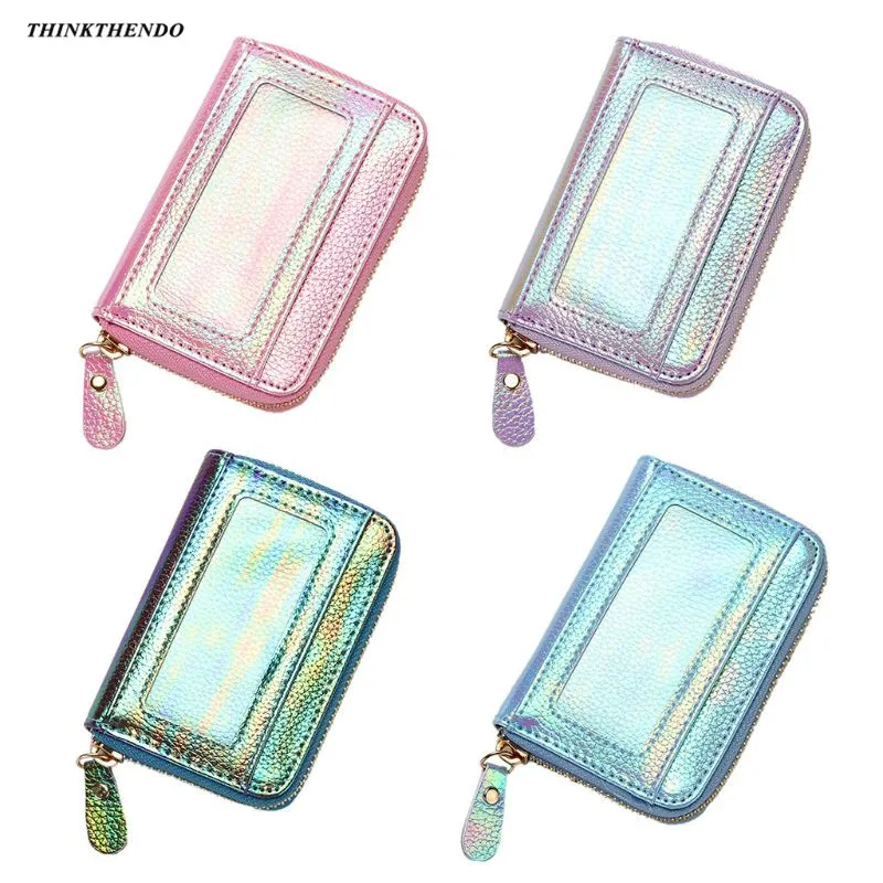 Women Hologram PU Leather Credit Card Holder Purse with RFID Protector Small Zip Around Wallet