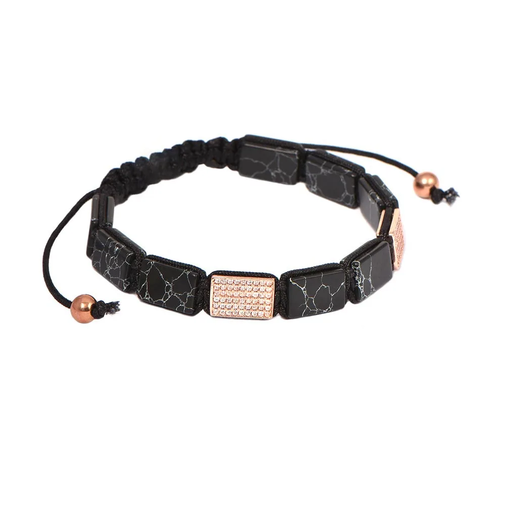 Браслеты из натурального камня кубические циркониевые браслеты черные бусины прямоугольные камни для женщин и мужчин ювелирные изделия Прямая - Окраска металла: as image