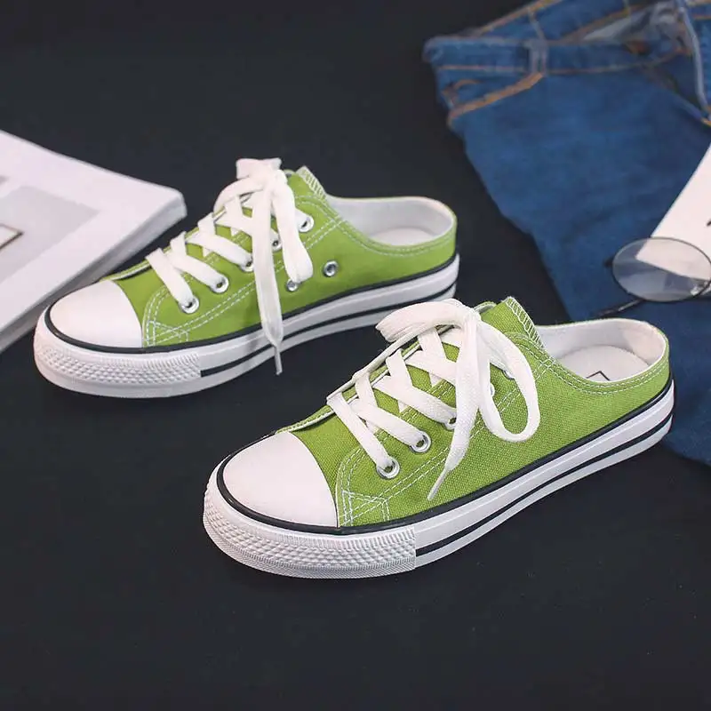 

Casual half-drag canvas shoes woman 2019 new fashion solid sneakers women vulcanized shoes lace-up no heel lazy shoes flats