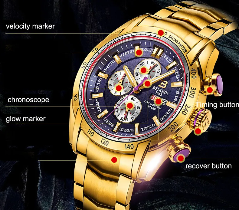 Оригинальные роскошные мужские уличные многофункциональные часы Бингер с сапфировым кожаным ремешком, водонепроницаемые часы серии Мстителей