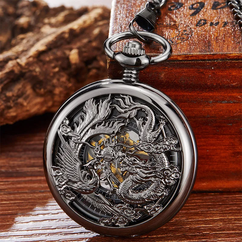 Vintage Black Mechanical Pocket Watch Retro Dragon Phoenix Hand Winding