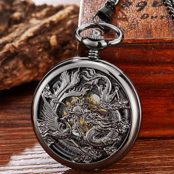 

Vintage Black Mechanical Pocket Watch Retro Dragon Phoenix Hand Winding Hollow Fob Watch Men Women Chain Pendant Gift