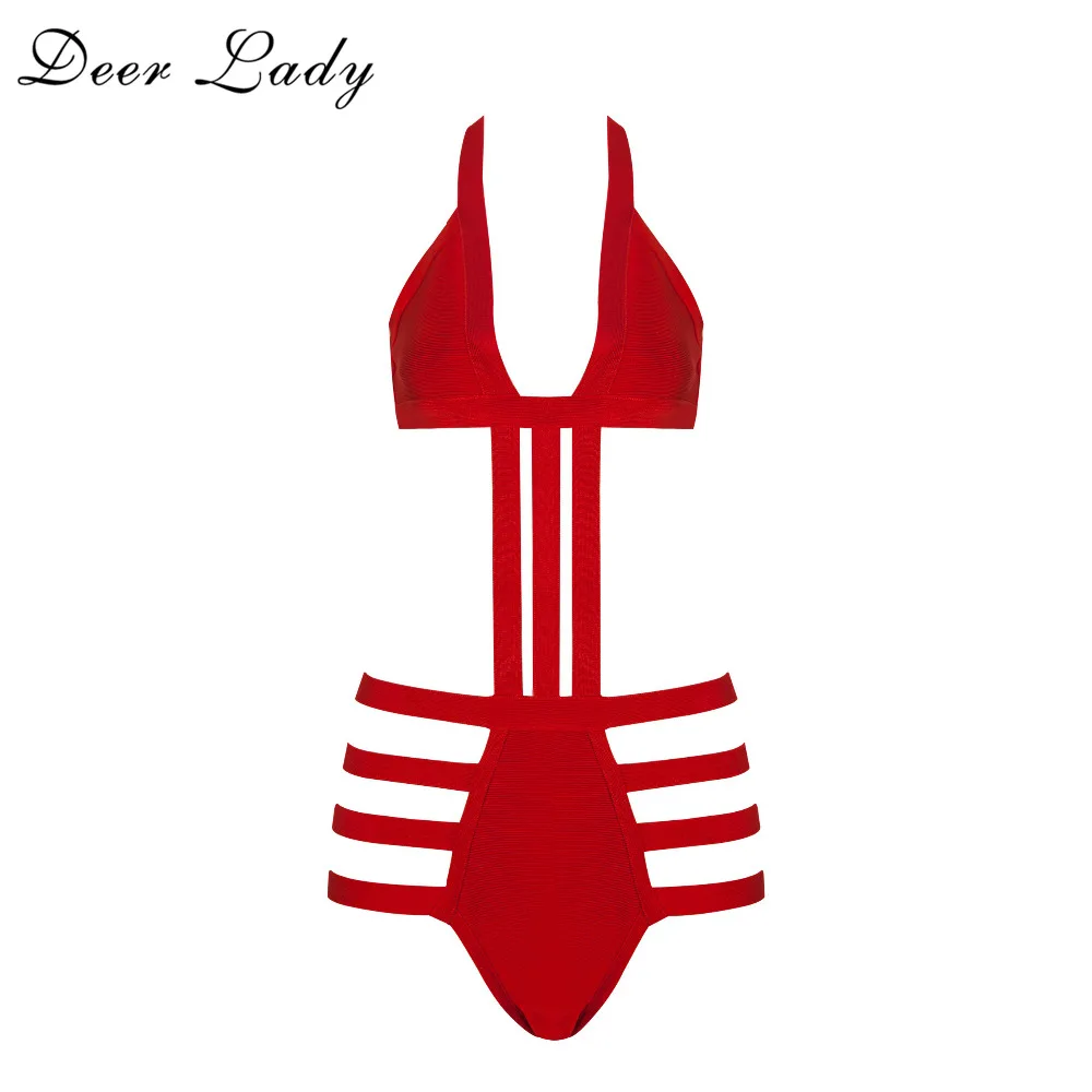 Deer Lady Women 2017 Bandage Swimsuit One Piece Biquini Red Swimwear
