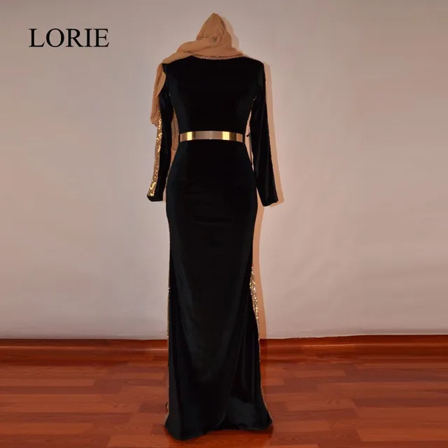 Muslim Black Evening Dresses Mermaid 2018 LORIE Abaya In Dubai Gold Sequin Hijab Long Prom Dresses Marocain With Gold Sash